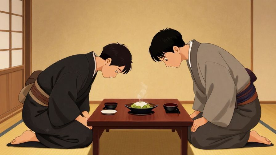 Illustration of a person gratefully bowing at a dining table, traditional Japanese setting, warm lighting, illustrated style