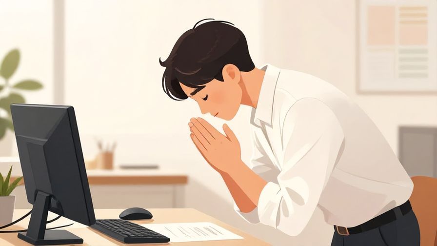Illustration of a person gratefully bowing with hands together, serene office setting