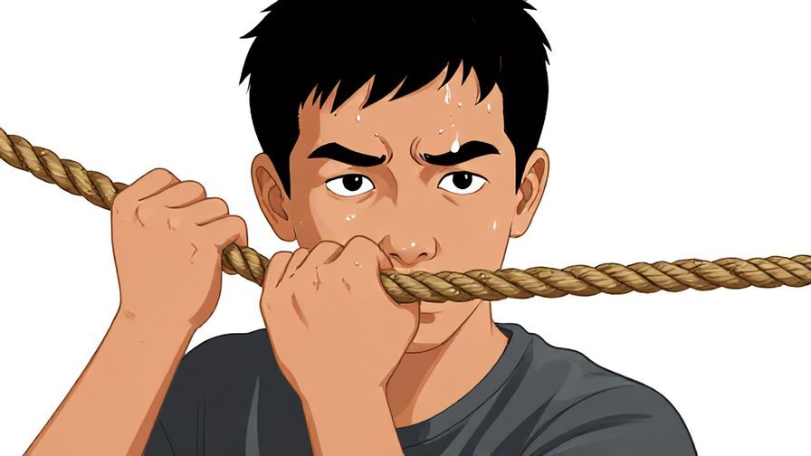 Illustration of a person gripping a rope tightly, sweat on brow but determined expression