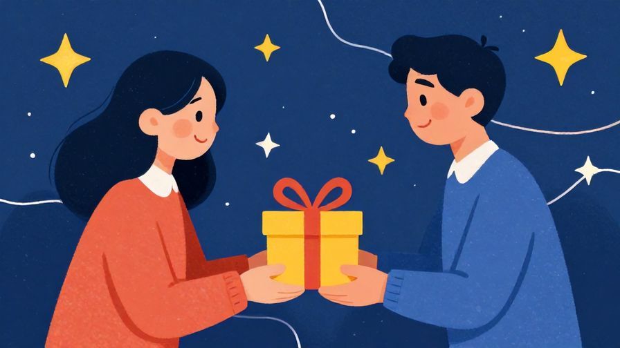 Illustration of a person handing a gift to another with a reassuring smile, surrounded by stars and curved lines, vibrant colors, illustrated style