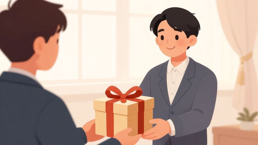 Illustration of a person handing a gift with a gentle smile in a formal setting, soft colors