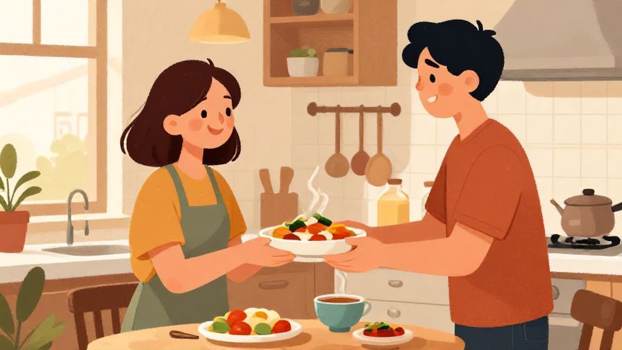Illustration of a person handing a meal to a loved one with a smile, cozy kitchen, warm colors, illustrated style