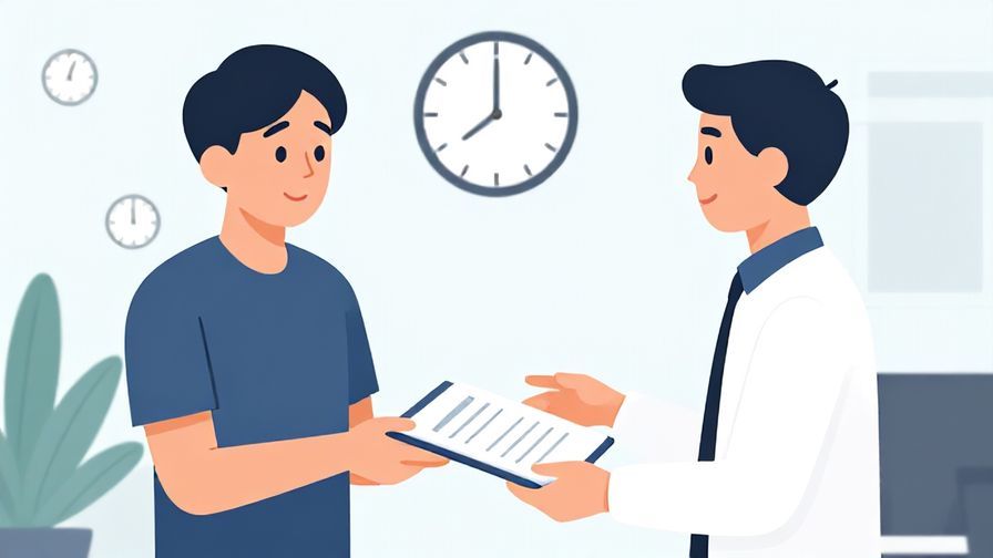 Illustration of a person handing over documents with a relieved smile, office background with clocks