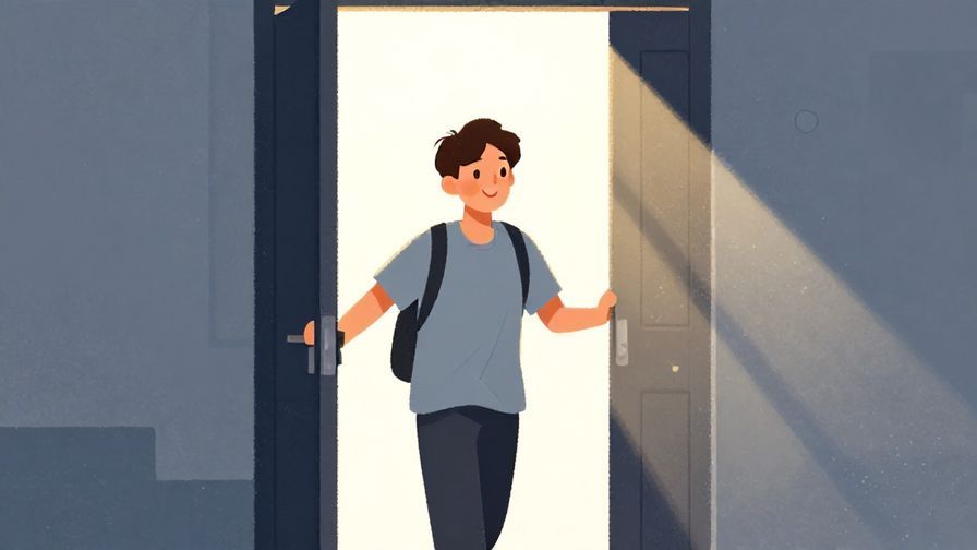 Illustration of a person happily arriving just as a door closes, bright sunlight streaming in