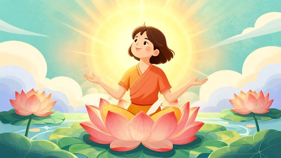 Illustration of a person happily daydreaming with soft sun rays shining, surrounded by lotus flowers and gentle clouds, vibrant colors, illustrated style