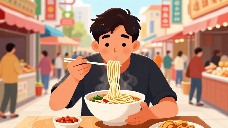 Illustration of a person happily eating noodles, lively street market background, colorful and bright