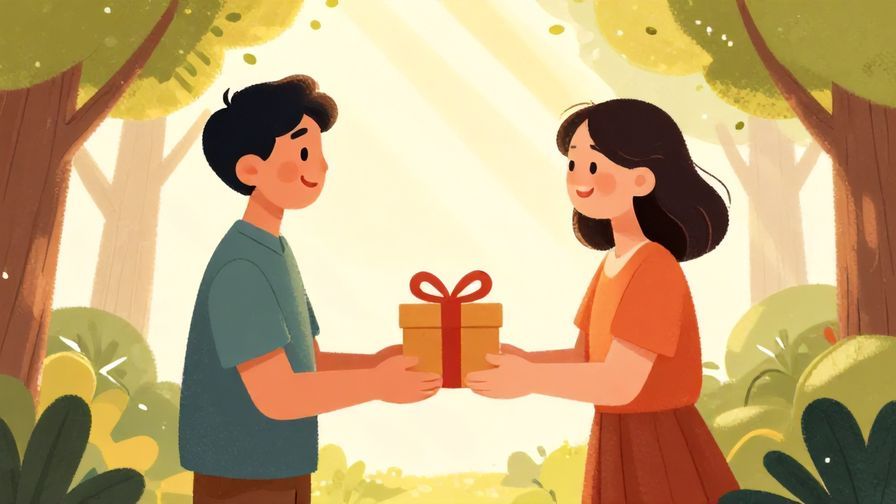 Illustration of a person happily giving a gift to another, sunlight filtering through trees, warm and friendly colors, illustrated style