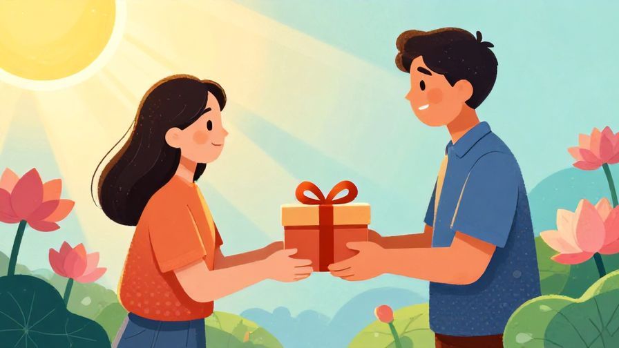 Illustration of a person happily handing over a wrapped gift to another under a sun ray with lotus flowers, vibrant colors, illustrated style