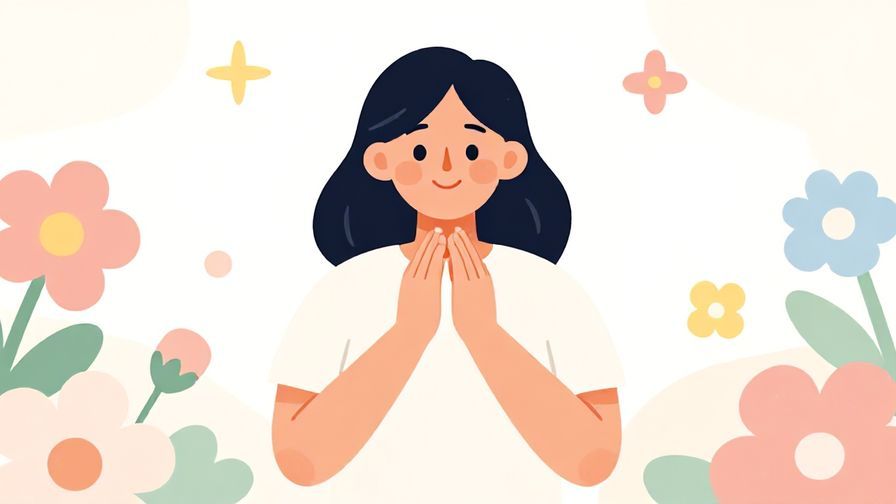 Illustration of a person happily nodding with hands open in a welcoming gesture, surrounded by soft pastel-colored flowers