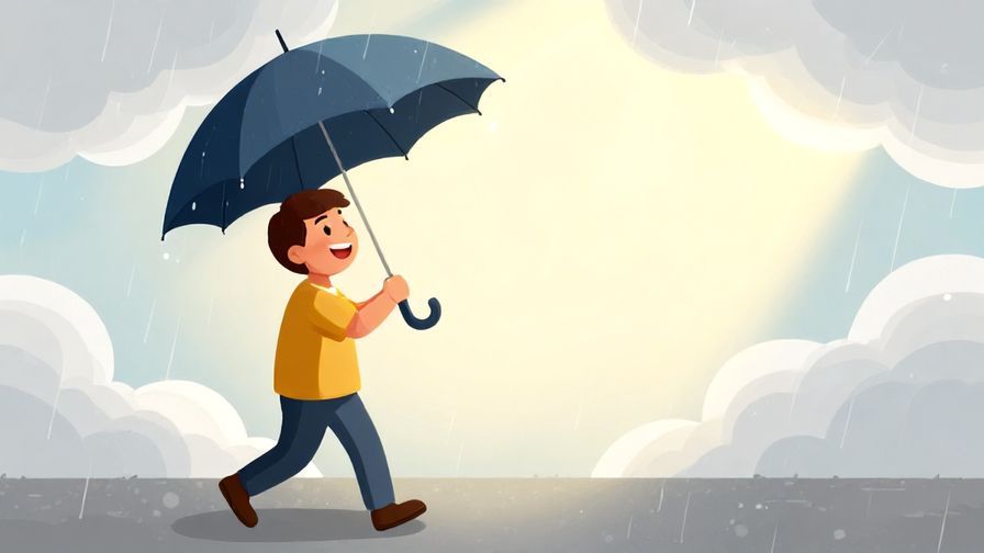 Illustration of a person happily putting away an umbrella as the rain stops, warm light breaking through clouds, cheerful mood