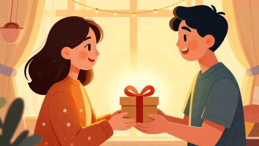 Illustration of a person happily receiving a gift from a friend, with a warm glowing background, detailed background, vibrant colors, illustrated style