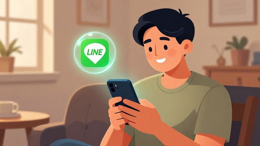 Illustration of a person happily texting on a smartphone with a LINE app icon visible as a glowing bubble, cozy room background