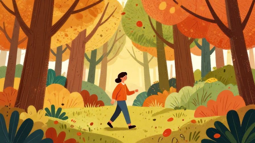 Illustration of a person happily walking through a colorful autumn forest, vibrant colors, relaxed mood, illustrated style
