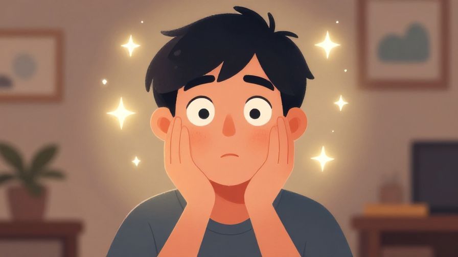 Illustration of a person having a sudden realization, eyes wide, a spark of light around them, indoor soft lighting