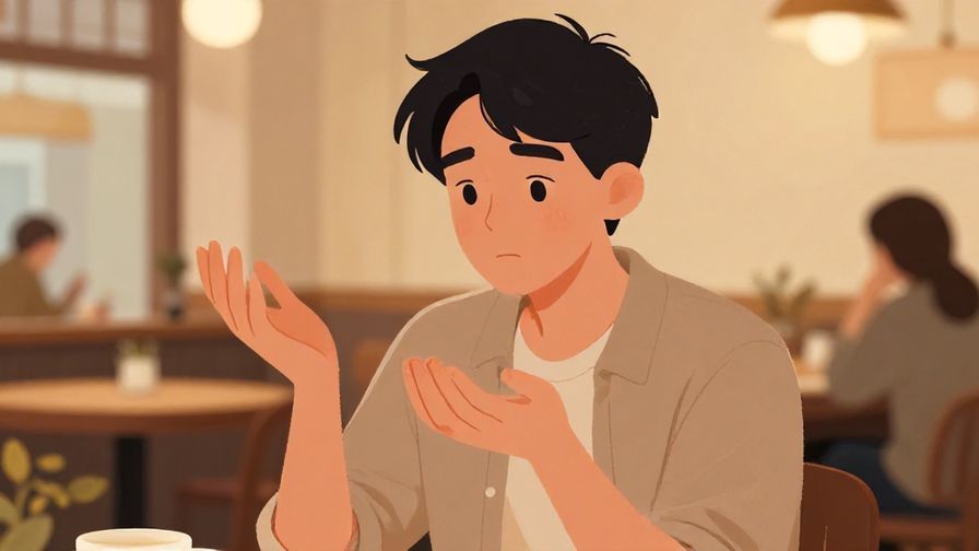 Illustration of a person hesitating gently during a conversation, with soft ambient lighting and a warm café background