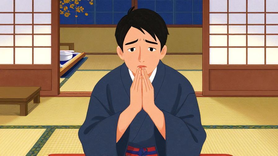 Illustration of a person hesitating with hands folded, traditional tatami room with soft light, detailed background, vibrant colors, illustrated style