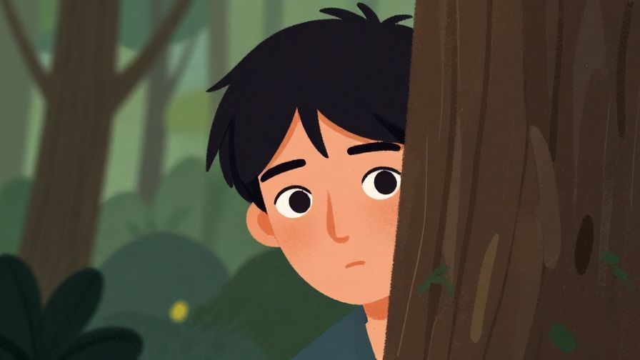 Illustration of a person hiding behind a tree, eyes sharp and watchful, soft shadows and forest background