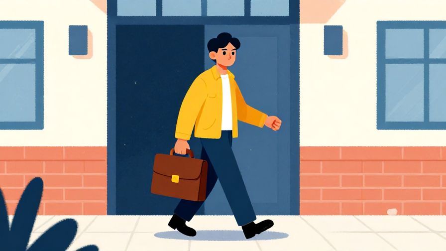 Illustration of a person holding a briefcase, confidently walking into a building, determined expression, vibrant colors, illustrated style