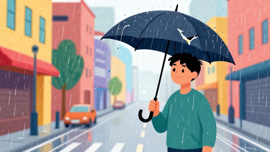 Illustration of a person holding a broken umbrella in the rain, smiling resignedly, colorful city street background, vibrant colors, illustrated style