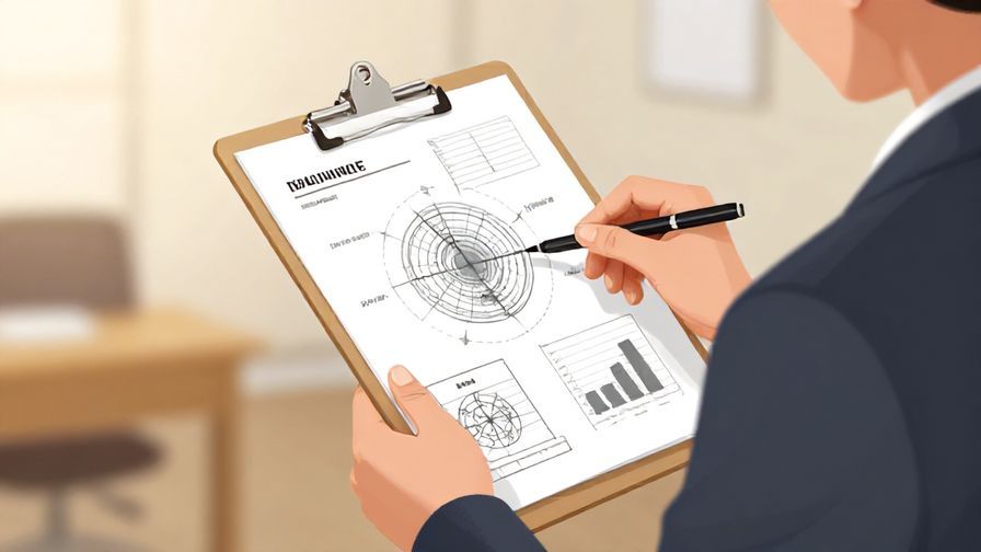 Illustration of a person holding a clipboard, pointing carefully at a diagram, office setting with warm light