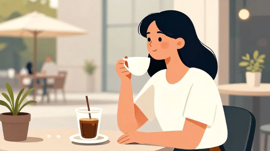 Illustration of a person holding a coffee cup, looking relaxed, sunny outdoor cafe, illustrated style