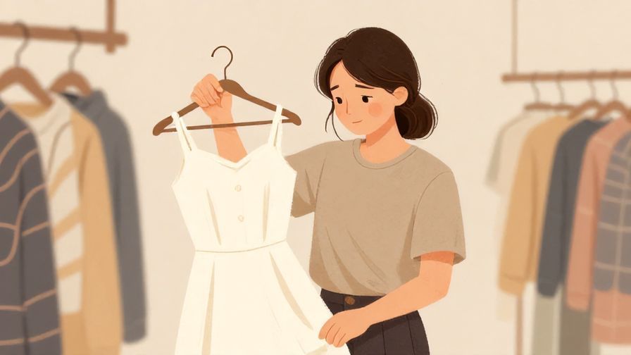 Illustration of a person holding a dress, slightly shy expression, in a cozy boutique environment