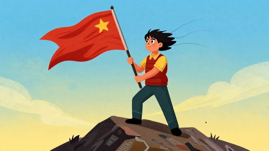 Illustration of a person holding a flag firmly on a mountain peak, wind blowing strong, expression full of resolve, vibrant colors, illustrated style