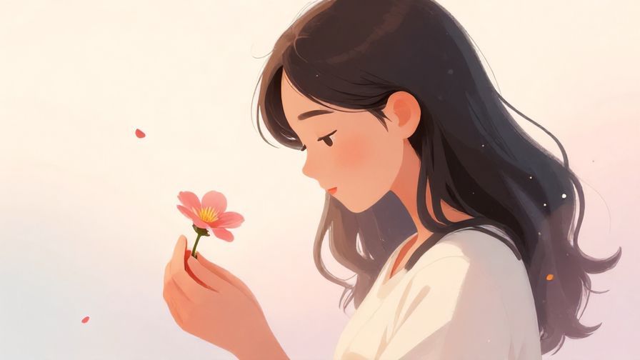 Illustration of a person holding a flower gently, looking humble, with soft pastel background and floating petals
