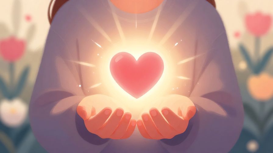 Illustration of a person holding a glowing heart in their hands, with soft light rays and gentle floral background