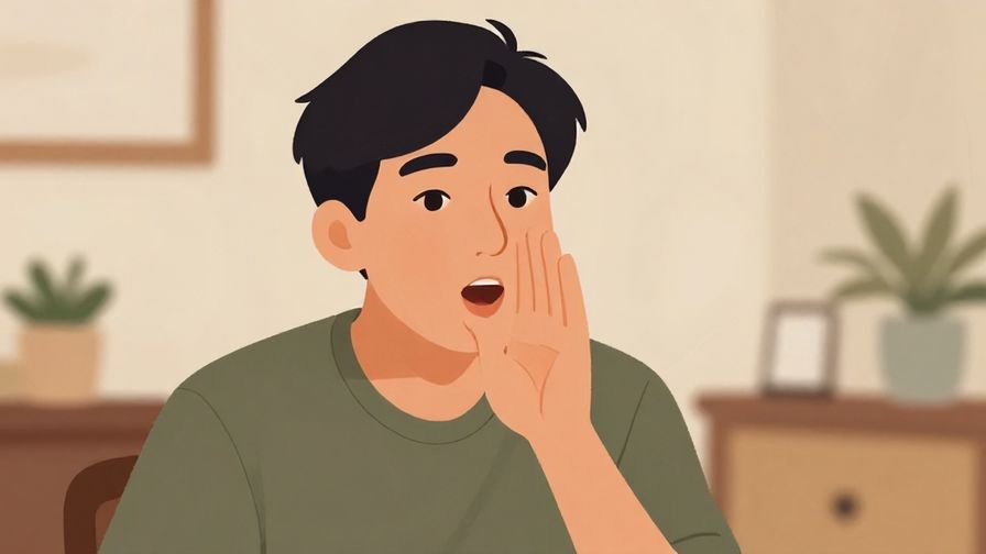 Illustration of a person holding a hand near their mouth as if whispering a question, cozy indoor environment