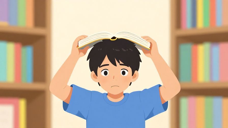 Illustration of a person holding a Japanese book upside down, looking slightly puzzled but smiling, with colorful bookshelves and a bright, cheerful room