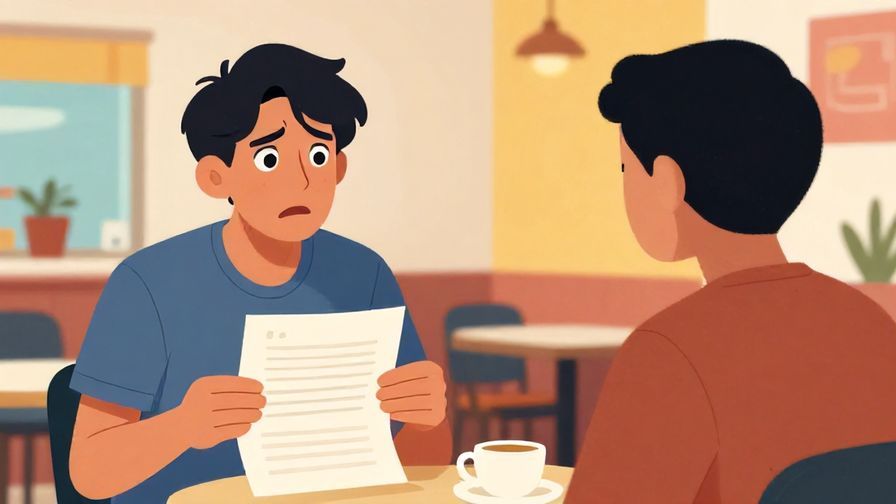Illustration of a person holding a paper with a puzzled expression, talking casually to a friend, colorful cafe background