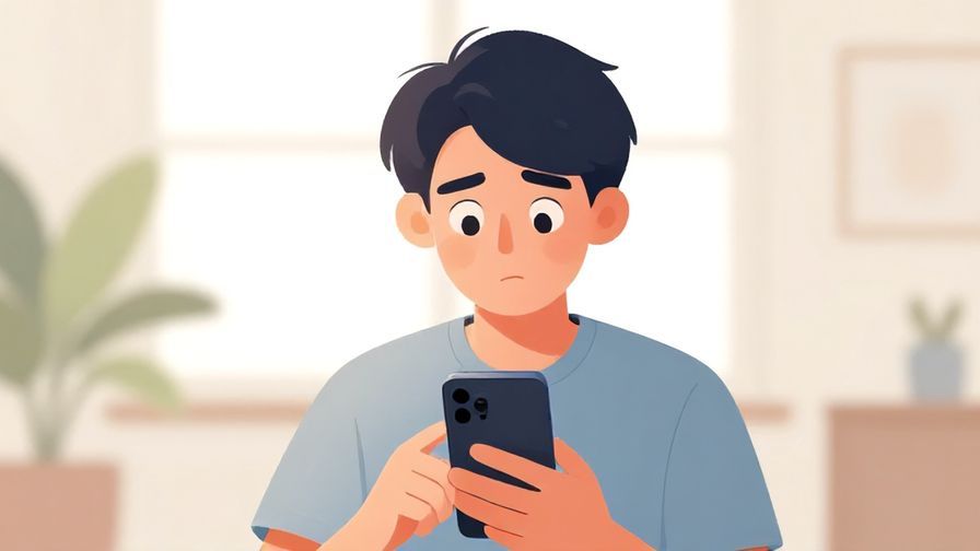 Illustration of a person holding a phone with a curious expression, bright room background, soft light