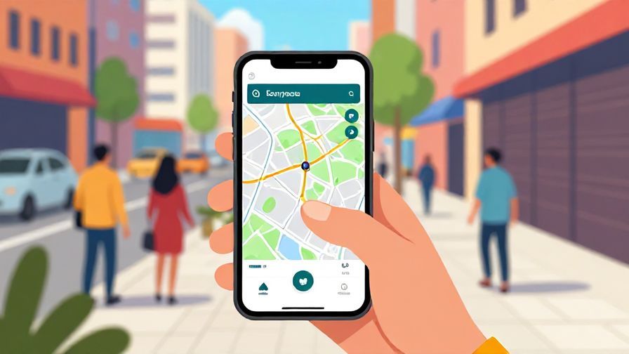 Illustration of a person holding a phone with a map app, looking around hopefully on a city sidewalk, vibrant colors