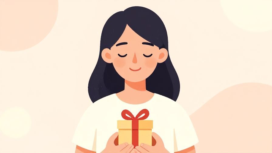 Illustration of a person holding a small gift box with a serene smile, soft pastel background