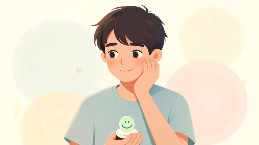 Illustration of a person holding a small keepsake, looking thoughtful and gently smiling, surrounded by soft pastel colors