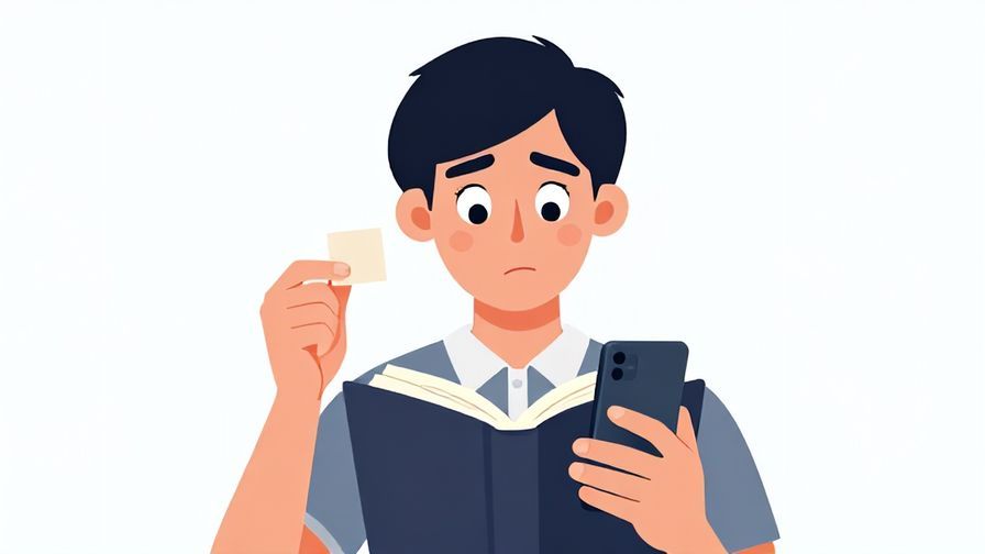 Illustration of a person holding a small object, looking at a dictionary or smartphone, curious and focused expression
