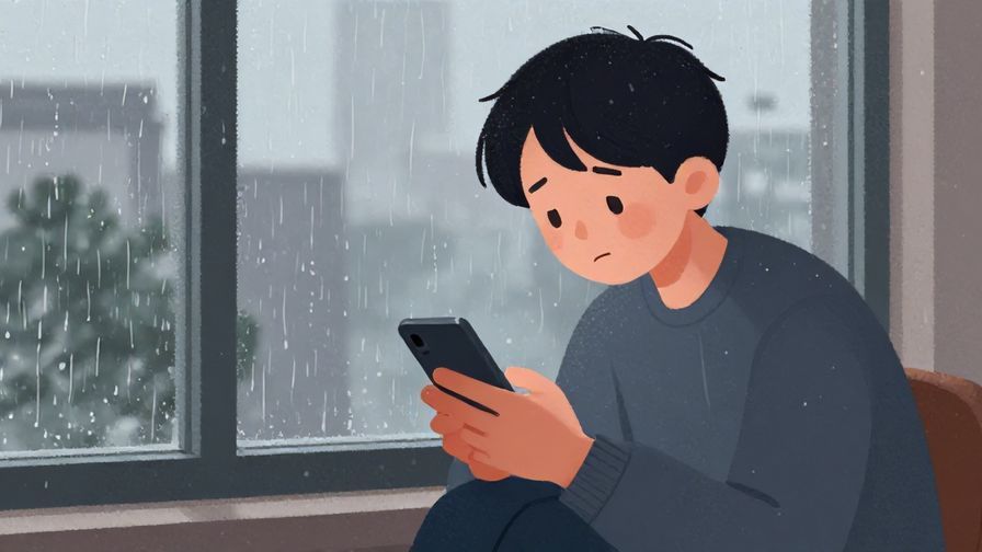 Illustration of a person holding a smartphone with a hopeful face, sitting by a window on a rainy day, soft lighting