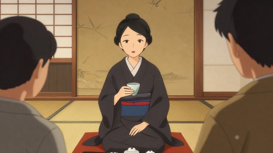 Illustration of a person holding a tea cup, speaking calmly to another person with a gentle expression in a traditional Japanese room, warm lighting, illustrated style