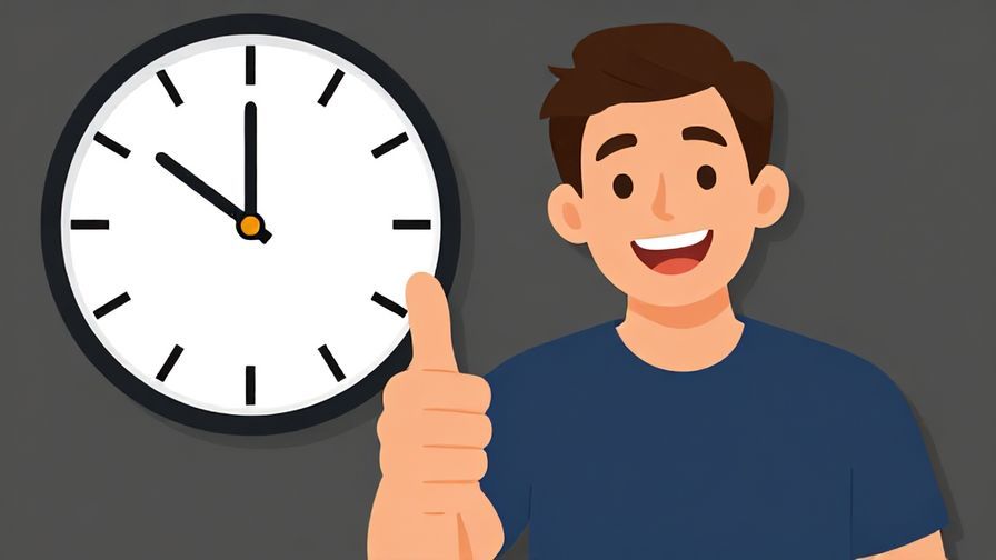 Illustration of a person holding a thumbs-up with a big grin, behind them a clock striking the last second