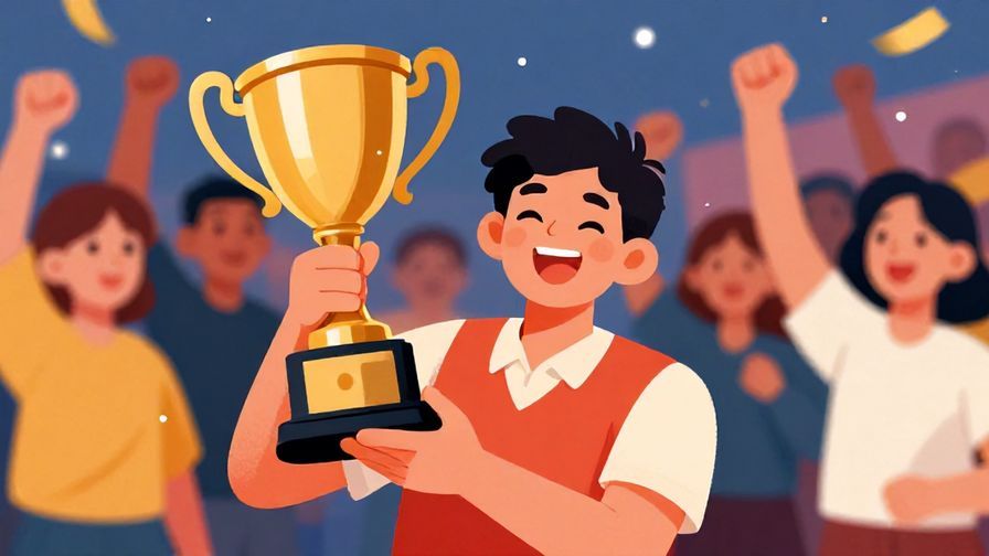 Illustration of a person holding a trophy with a proud smile, surrounded by a cheering crowd, vibrant and festive