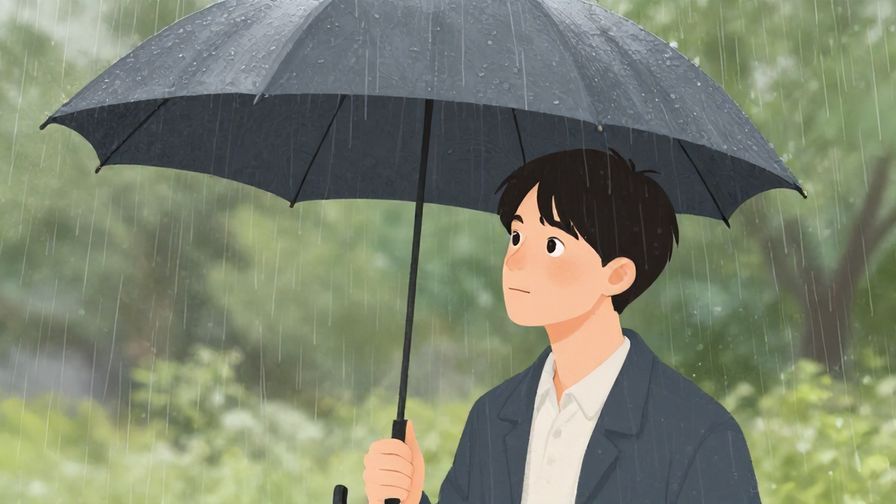 Illustration of a person holding an umbrella under a light drizzle, looking thoughtful, soft natural outdoor setting, illustrated style