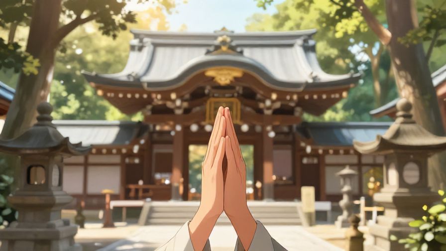 Illustration of a person holding hands in prayer at a Shinto shrine, soft sunlight filtering through trees, peaceful and spiritual atmosphere