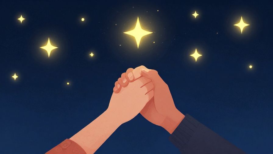 Illustration of a person holding hands with another under a sky filled with glowing stars, peaceful and hopeful atmosphere