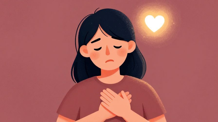 Illustration of a person holding their chest gently with a pained expression, soft glowing heart symbol above, warm colors, illustrated style