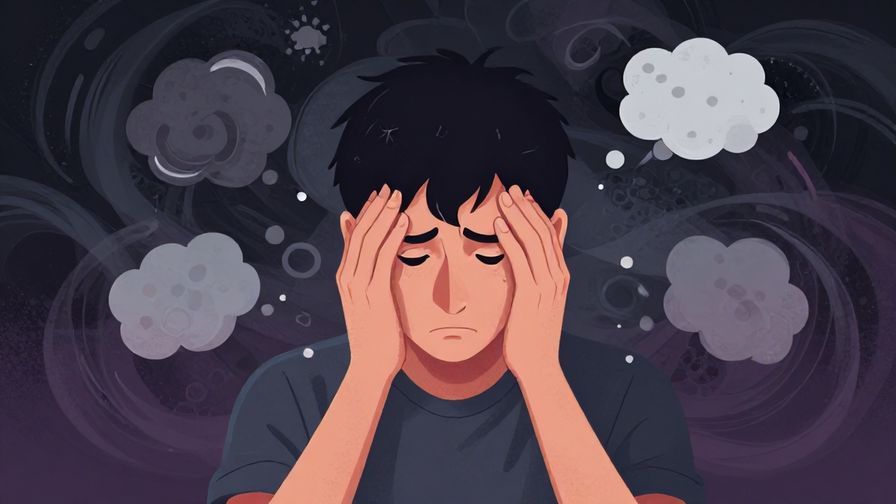 Illustration of a person holding their forehead with a worried expression, surrounded by swirling chaotic thoughts, moody colors
