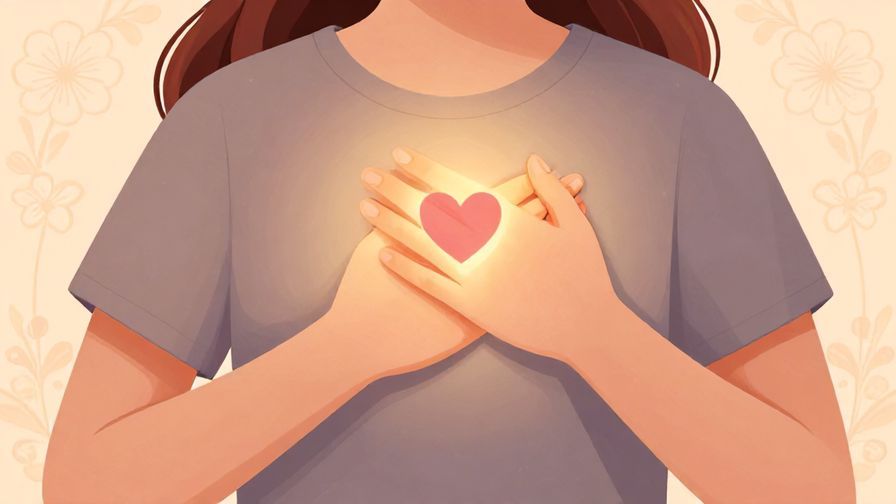 Illustration of a person holding their hand over their chest with a soft glowing heart symbol, surrounded by gentle floral patterns and warm colors
