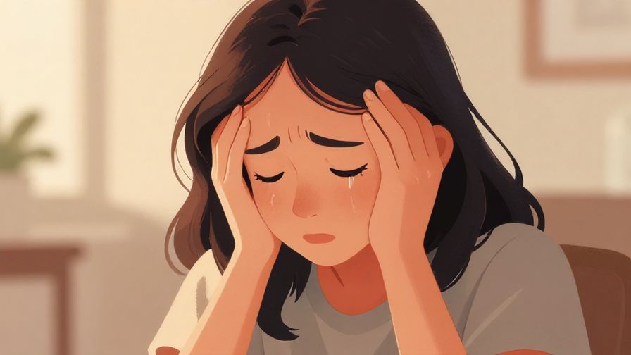 Illustration of a person holding their head in hands, expression of emotional pain, soft warm lighting, detailed background with gentle shadows, illustrated style