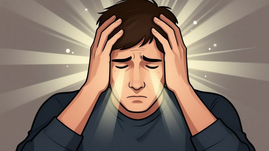 Illustration of a person holding their head with a tired, stressed expression, light rays and soft dots around showing discomfort