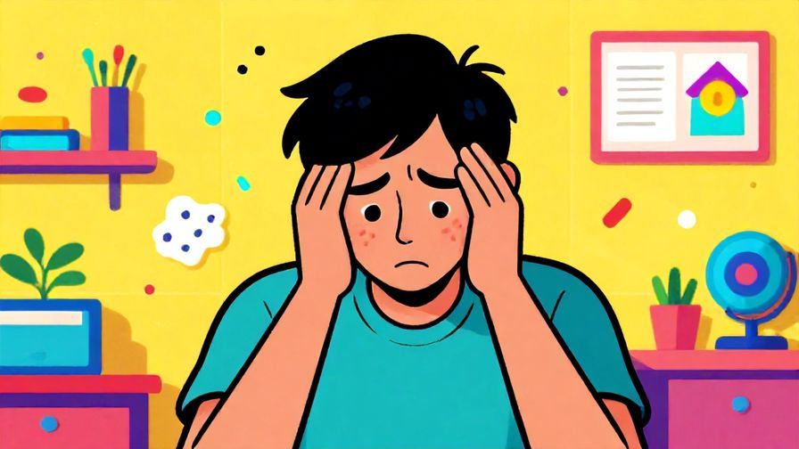 Illustration of a person holding their head with a pained expression, colorful messy room background, vibrant colors, illustrated style